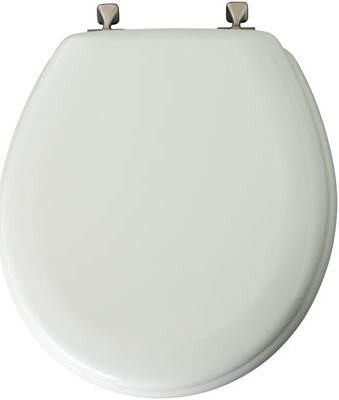 Bemis Mayfair White Round Molded Wood Toilet Seat with Brushed Nickel 