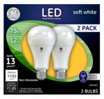 G E LIGHTING 65762 GE, 2 Pack, LED12A21/2PK, 12W, Soft White Light Color, White