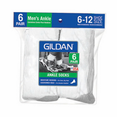 Gildan 1048593 Men's Quarter Socks, White, 6-Pk. - Quantity 